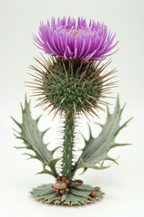 Purple Thistle Flower with Spiky Green Foliage on White Backdrop
