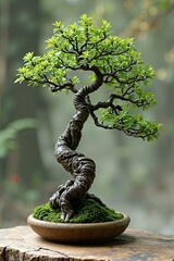 Artistic Bonsai Tree with Twisted Trunk and Moss in Natural Forest Setting