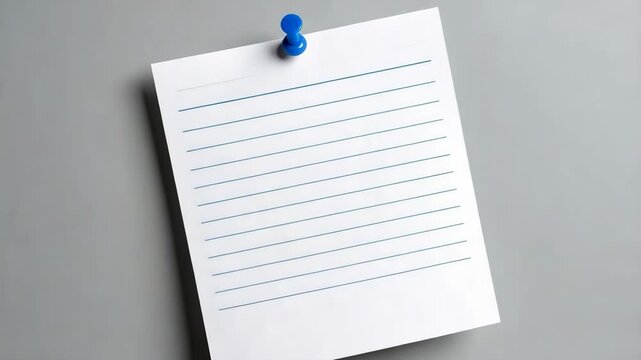 A square lined notepad paper is held in place by a blue pushpin against a gray surface, ideal for notes and reminders.