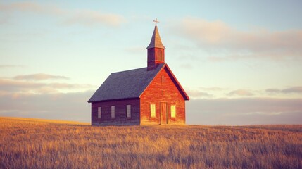 Small wooden church with steeple and cross situated in open grassy field du sunset with colorful sky and soft clouds, peaceful rural religious scenery