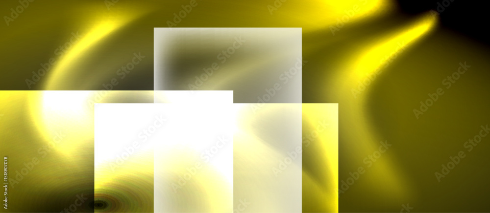 Poster Abstract composition features luminous yellow swirls, white squares. Dramatic contrast between light, dark areas creates dynamic visual effect.
