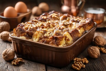 A rustic brown baking dish filled with a bread pudding studded with walnuts sits on a dark wooden surface, surrounded by additional walnuts and eggs