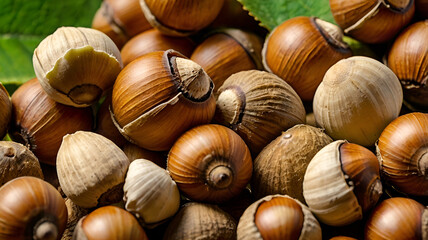Closeup of some brown hazelnuts with shells accompanied by fresh green leaves white background Generate AI,