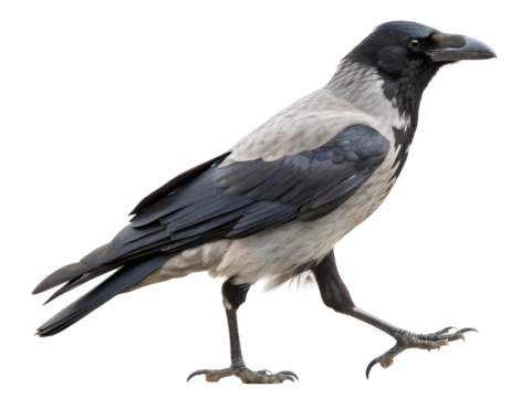 Side View Portrait of a Hooded Crow Isolated on transparent background, Isolated Png file, Cut-out, Isolate Png, No Background, Isolated object
