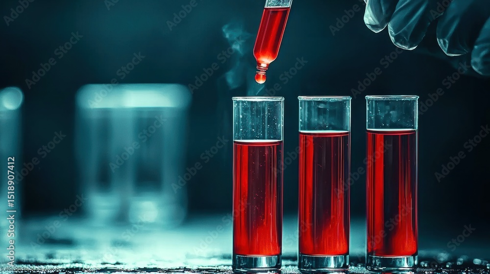 Poster close up view of a laboratory setup for in vitro drug testing featuring glass vials containing red l