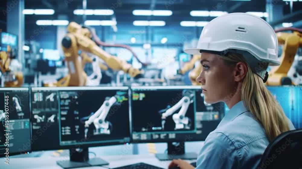 Poster female engineer monitoring robotic arms in a brightly lit modern factory with multiple computer scre