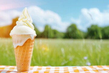 Melting Ice Cream Cone on Picnic Blanket in Summer
