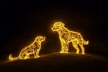 Two labrador dog christmas light sculptures glowing in the dark