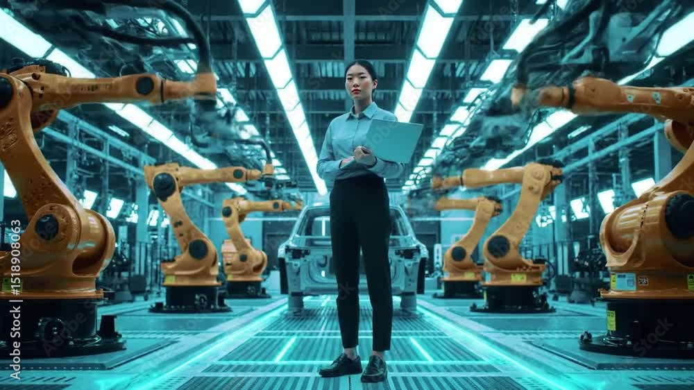 Poster female professional overseeing automated car assembly line with robotic arms in a futuristic factory