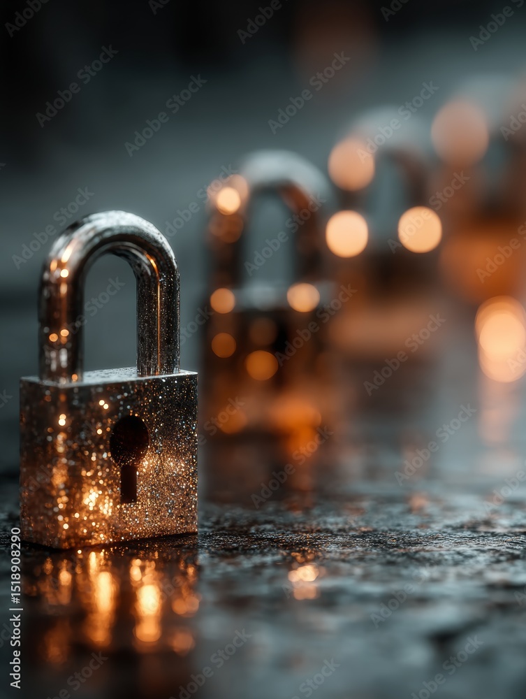 Poster secure network protection concept with locks and blurred background