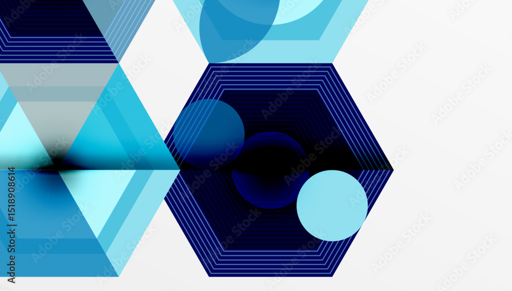 Aufkleber Abstract geometric composition. Hexagons, circles overlap creating depth. Cool blues dominate design, modern aesthetic.