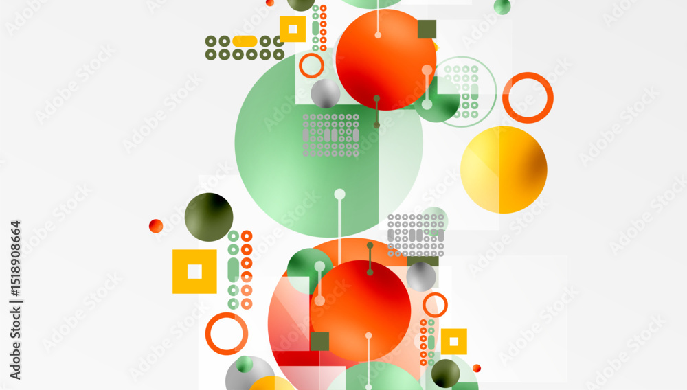 Poster Abstract composition. Geometric shapes overlap, creating dynamic visual interest. Colors include orange, green, yellow, gray. Modern design elements present.