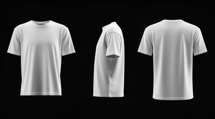 Three-view rendering of a plain white t-shirt.