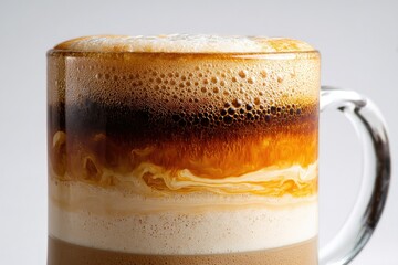 Close-up of a layered coffee drink in a clear glass mug, showing distinct layers of foam, espresso, and creamer.  The beverage exhibits rich, warm tones
