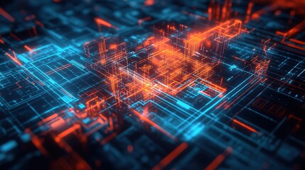 A glowing futuristic construction blueprint being displayed as a hologram