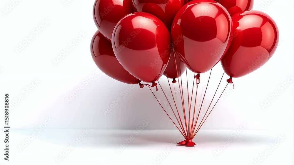 Poster celebratory gathering of shiny red balloons tied with matching strings, against stark white backdrop