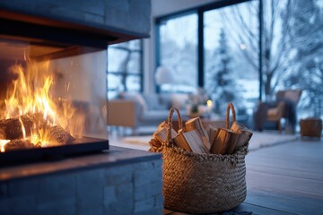 A cozy living room scene featuring a fireplace with a roaring fire, a woven basket of firewood nearby, and a blurred background of a snowy winter landscape seen through large windows
