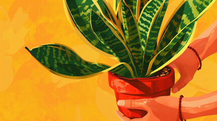 Woman transplanting potted sansevieria plant at home. Closeup .