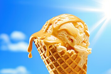 Melting Caramel Ice Cream Cone Under Summer Sun