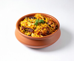 Chicken Biryani in Pot/Handi traditional biryani with white isolated background 