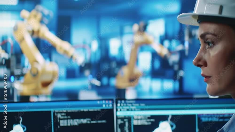 Poster focused woman engineer observing robotic arms and code on monitor in a high tech factory with white 