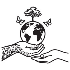Earth Conservation Line Art Vector – Hands Holding Planet with Tree and Butterflies