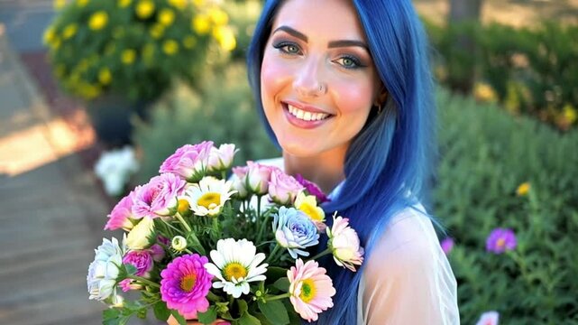 Woman holding bouquet of flowers