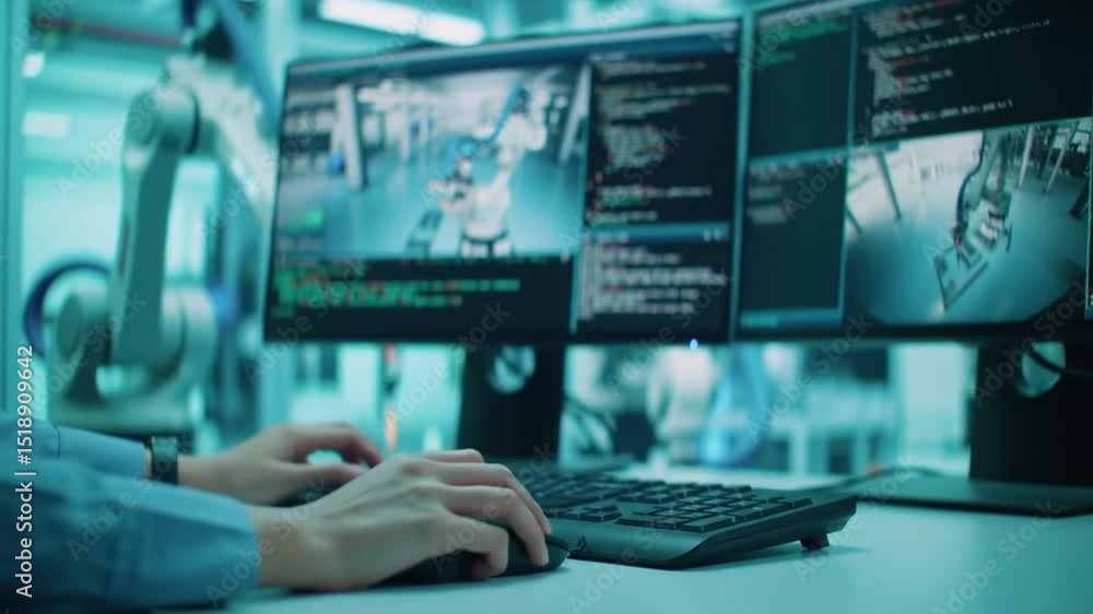 Poster hands type on keyboard monitoring robotic arm on screen in bright laboratory setting for industrial 