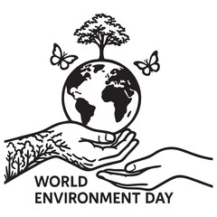 World Environment Day Vector – Hands Holding Earth with Tree and Butterflies Line Art