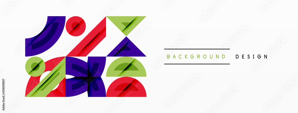 Poster Abstract geometric shapes overlap, creating vibrant colorful background. Minimalist design features bold lines, angles, curves.