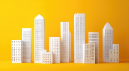 Obraz premium A minimalist cityscape rendering features several white, uniformly-designed buildings against a vibrant yellow backdrop. The scene evokes a sense of modern urban architecture