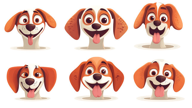 Funny and cute dog emotion icons with droopy ears, wide eyes, and wagging tongues in vector style 