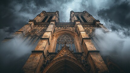 Towe Gothic Cathedral with intricate stone architecture amidst dark moody storm clouds creating a dramatic and majestic atmosphere for architectural photography