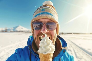 Winter Treat: Man Enjoying Ice Cream in Snowy Landscape