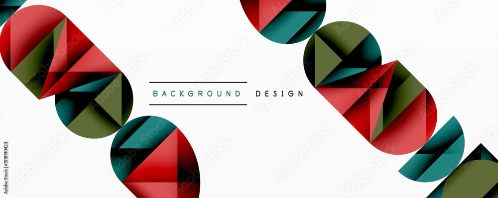 Poster abstract geometric shapes overlap, creating dynamic visual pattern. red, green, teal colors dominate