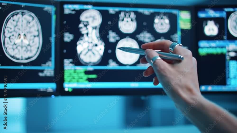 Poster medical professional analyzing brain scan images on monitors in a clinic setting with blue backgroun