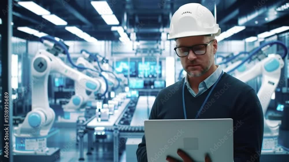 Poster man in hardhat with laptop overseeing automated robotic arm assembly line in factory setting