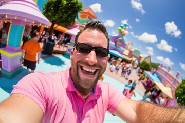 Happy Traveler Taking Selfie in Colorful Theme Park