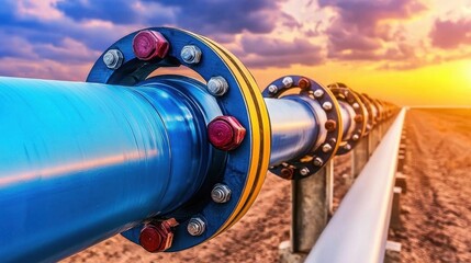Blue and Yellow Pipeline at Sunset in Arid Landscape