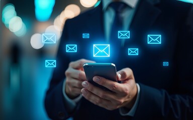 New email notification alerts concept for Digital marketing business communication through virtual inbox and internet technology as Business people use smartphone with email on a virtual screen