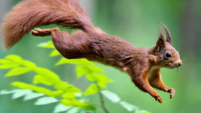 Active squirrel leaping through lush forest with bushy tail and pointed ears, creating a dynamic and engaging image of nature's agility