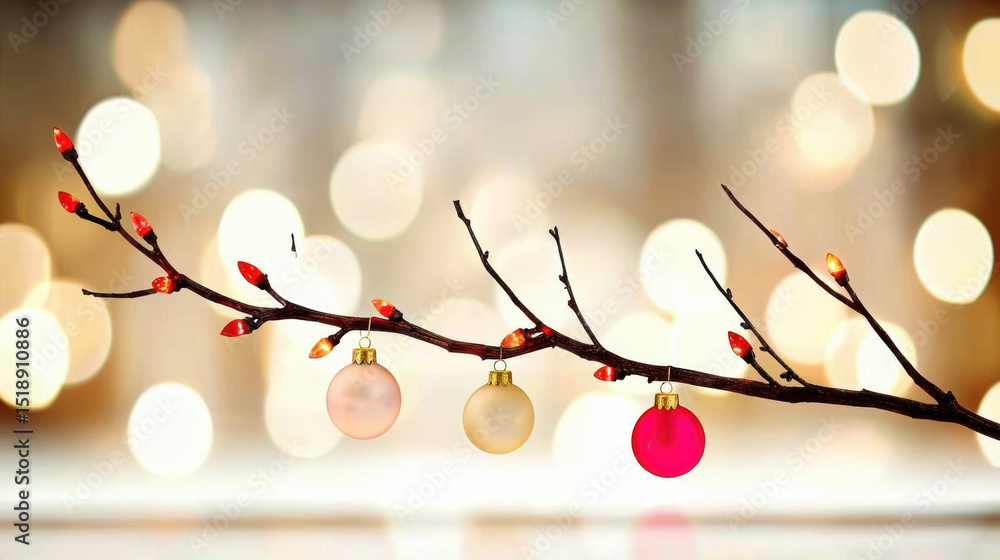Poster a cozy and serene image of a christmas branch adorned with ornaments and twinkling lights creating a
