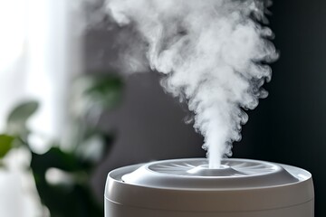 Steam coming out of a humidifier in a room with a plant nearby