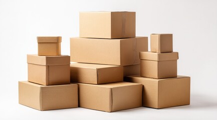 A studio shot of a haphazard stack of various-sized cardboard boxes against a bright white background