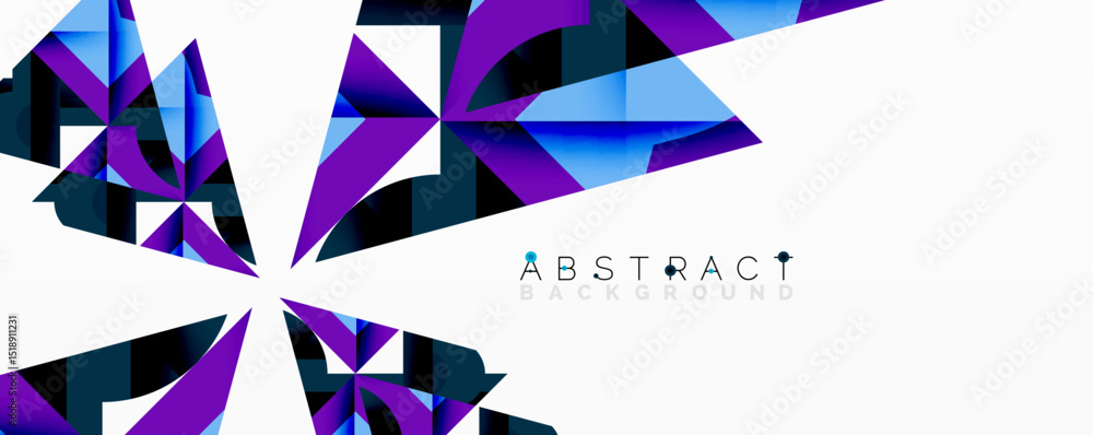 Poster geometric shapes create dynamic abstract design. blue, purple, black hues dominate white background.