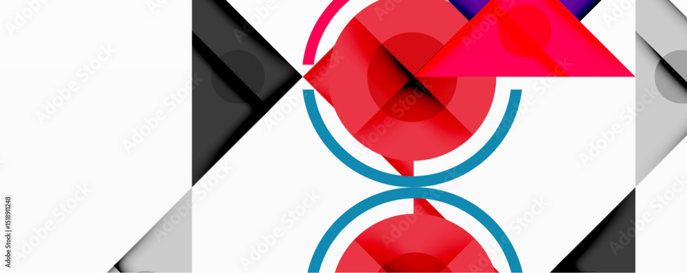 Poster abstract geometric shapes overlap, creating dynamic composition. red, blue, gray tones dominate whit