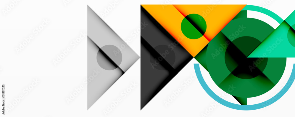 Poster abstract geometric shapes overlap, creating dynamic composition. colors include orange, green, gray,