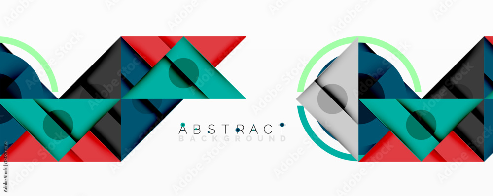 Poster Geometric shapes create dynamic composition. Teal, red, navy colors dominate design. Modern abstract background suitable for various projects.
