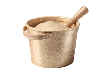 Golden sand bucket filled with sand and a wooden shovel, isolated on transparent background