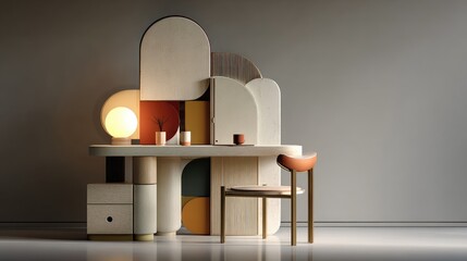 Minimalist office desk with abstract geometric shapes, embodying modern simplicity and creative elegance.